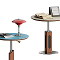 Two Modern Coffee Tables with Round Tops Red Lamp Shade Books and Calendar