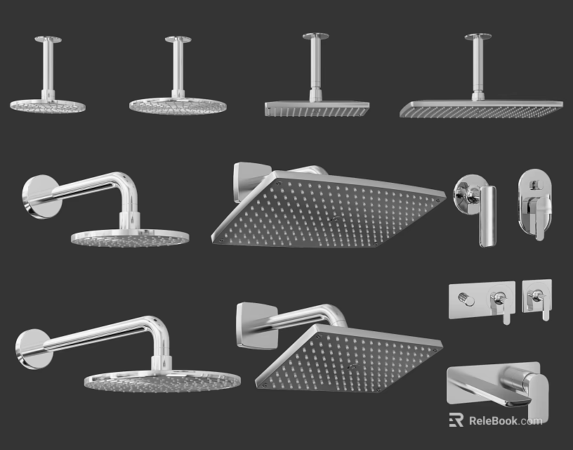 Various Modern Shower Heads With Wall Mounted And Ceiling Mounted Designs And Multiple Shapes 3d model