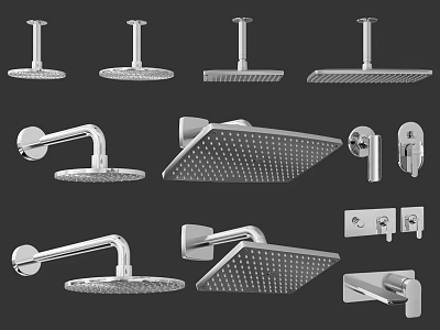 Various Modern Shower Heads With Wall Mounted And Ceiling Mounted Designs And Multiple Shapes 3d model