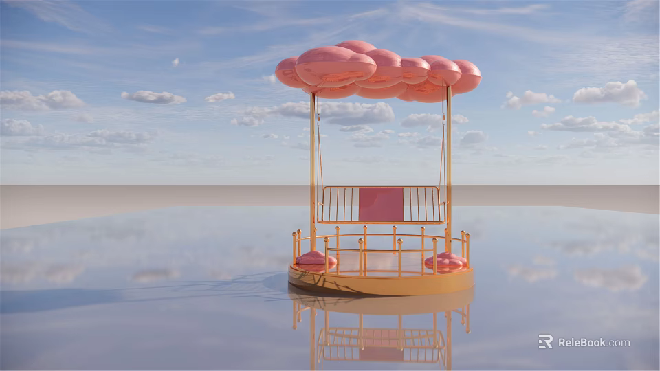 Pink Cloud Shaped Play Equipment With Golden Structure On Water Surface And Blue Sky Reflection 3d model 
