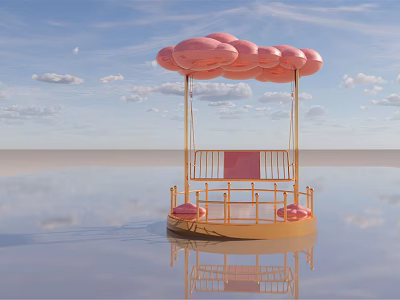 Pink Cloud Shaped Play Equipment With Golden Structure On Water Surface And Blue Sky Reflection 3d model