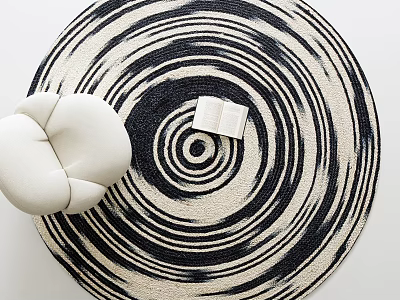 Stylish Round Carpet With Black And White Spiral Pattern White Cushion And Open Book 3d model