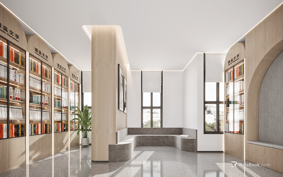 Artistic Library Interior With Bookshelves And Seating 3d model 