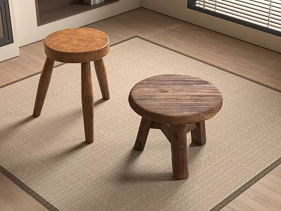 Rustic Wooden Stools With Circular Seats And Three Legs On Carpeted Floor 3d model