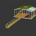 Cartoon Scene Featuring Colorful Platform Staircase Bridge Railings And White Roof