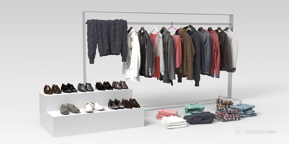 Display Shelving Unit Featuring Hanging Clothes Various Colored Garments Shoes And Folded Items 3d model 