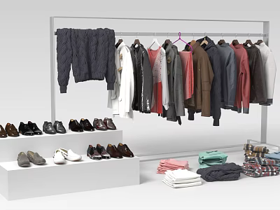 Display Shelving Unit Featuring Hanging Clothes Various Colored Garments Shoes And Folded Items 3d model