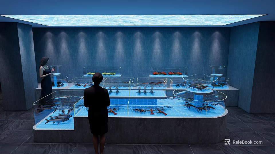 Modern Seafood Display Counter With Glass Tanks And Fresh Seafood In Restaurant 3d model 