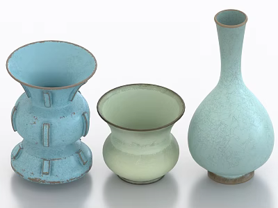 Ceramic Vessels of Various Shapes in Pastel Blue Light Green with Crackle Glaze Finish 3d model