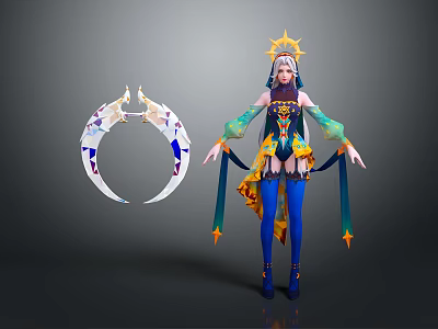 Game Movie Character with Star Shaped Headdress Blue Stockings Green Sleeves and Circular Decorative Prop 3d model