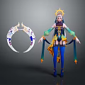 Game Movie Character with Star Shaped Headdress Blue Stockings Green Sleeves and Circular Decorative Prop