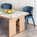 Modern Dining Table Combination With Marble Tabletop Pink Gold Legs Blue Pink Chairs Flower Bouquet