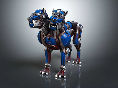 Smart Machine Design Featuring Two Blue Mechanical Wolves With Metallic Texture 3d model