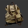 Beige Canvas Backpack With Brown Leather Trim And Multiple Pockets