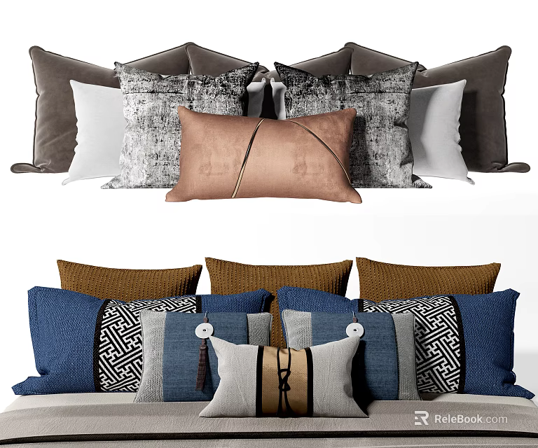 Decorative Throw Pillows With Blue Brown Gray Tones And Geometric Patterns For Home Decor 3d model