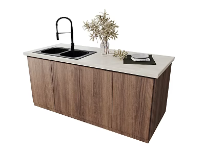 Bar Counter Featuring Double Sink Black Faucet White Countertop Wooden Cabinets Potted Plant and Plate 3d model