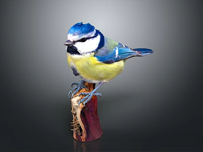 Vibrant Blue and Yellow Bird with White Face Perching on Wooden Stump 3d model