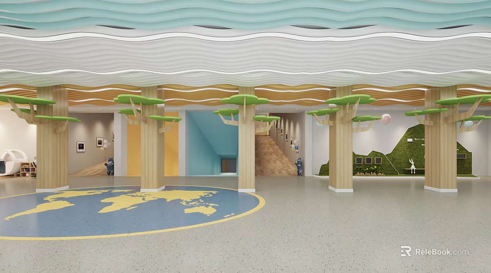Cheerful Kindergarten Interior With Wavy Ceiling Tree Decor Pillars And Globe Floor Pattern 3d model 