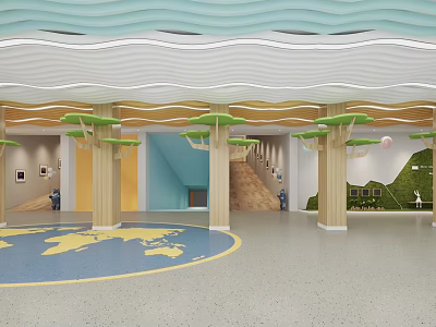 Cheerful Kindergarten Interior With Wavy Ceiling Tree Decor Pillars And Globe Floor Pattern 3d model