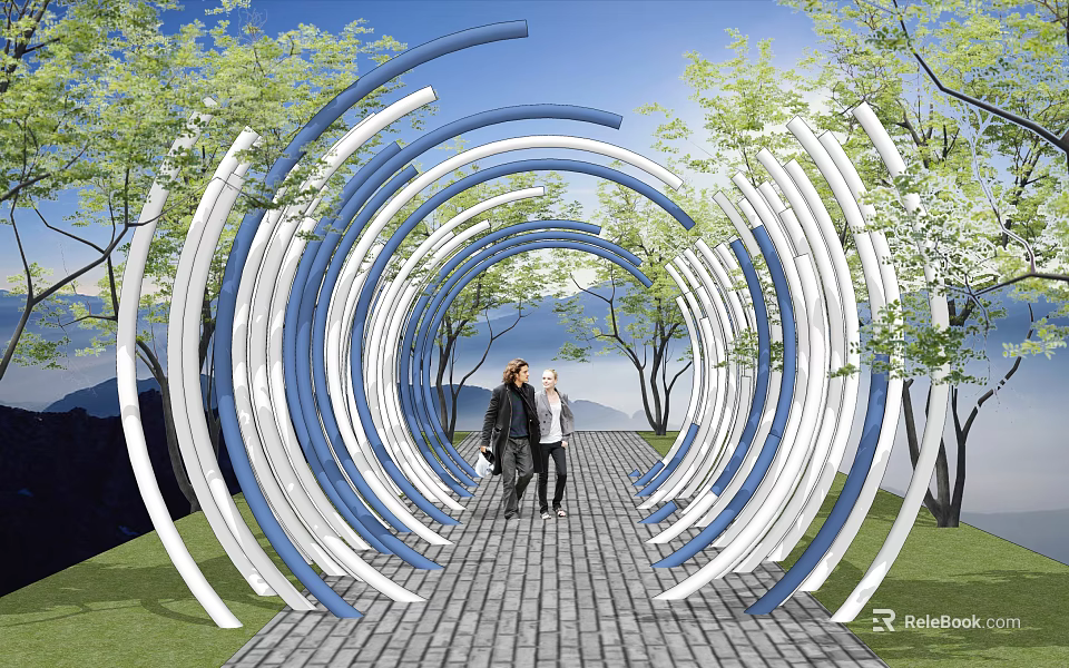 People Walking In Garden Landscape With Blue And White Curved Structures Pathway And Trees 3d model 