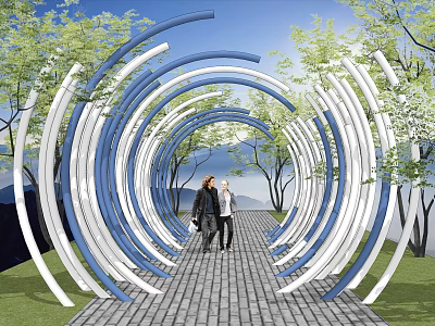 People Walking In Garden Landscape With Blue And White Curved Structures Pathway And Trees 3d model