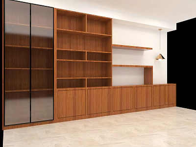Modern Wooden Bookcase Interior Design With Glass Doors And Multiple Shelves 3d model