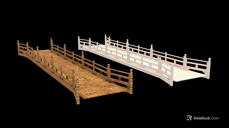 Ancient Architectural Bridges With Wooden And White Railings Traditional Design 3d model 
