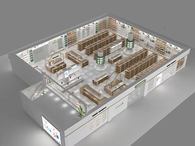 Modern Retail Store Interior With Wooden Shelves Product Displays And Bright Lighting 3d model
