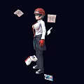 Red Haired Woman In White Shirt Red Tie Black Outfit Red Gloves With Scattered Papers