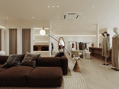 Modern Clothing Store Interior With Brown Sofa Rug Floor Lamp Mannequins And Hanging Clothes 3d model