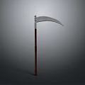 Traditional Handheld Scythe Featuring Sharp Curved Blade And Long Wooden Handle
