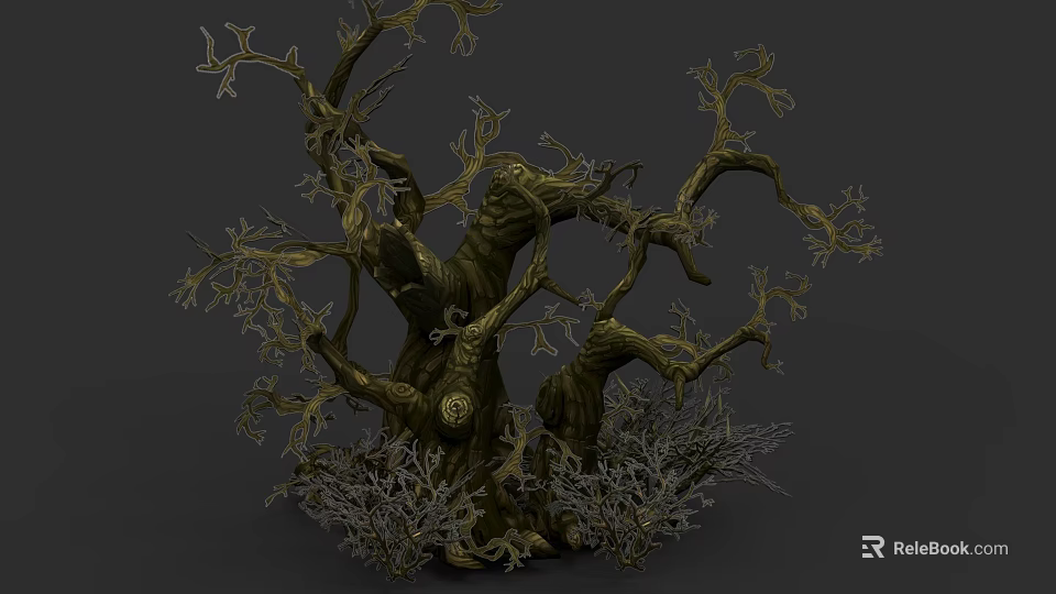 Ancient Tree with Twisted Branches Rough Bark and Surrounding Mossy Vegetation 3d model