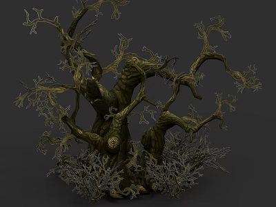 Ancient Tree with Twisted Branches Rough Bark and Surrounding Mossy Vegetation 3d model