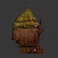Unique Tilted Wooden Building With Yellow Mossy Roof Small Tower And Windows