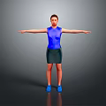 Woman with arms outstretched in blue sleeveless top black skirt blue shoes against gray background