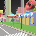 Cartoon City Landscape With Colorful Buildings Various Shaped Skyscrapers And Green Lawns