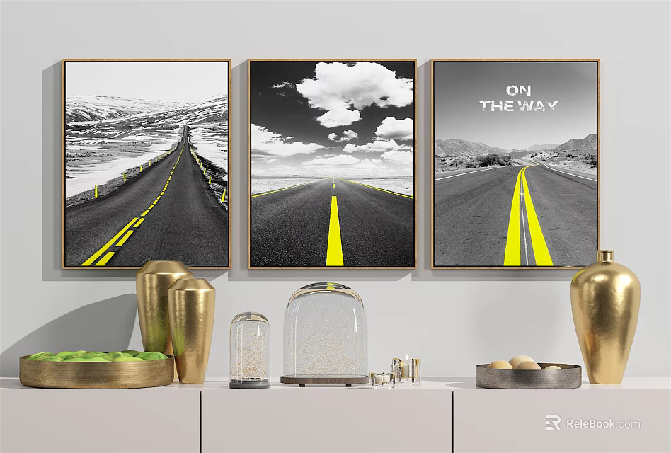 Road Themed Wall Art With Yellow Lines Text ON THE WAY And Golden Decorative Vases 3d model 