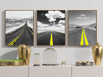 Road Themed Wall Art With Yellow Lines Text ON THE WAY And Golden Decorative Vases 3d model