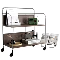 Decorative Ornaments Combination on Two Tier Rolling Cart with Magazines Radio Books and Wicker Basket