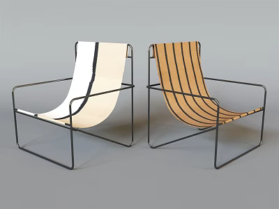 White And Brown Striped Fabric Leisure Chairs With Black Metal Frame 3d model