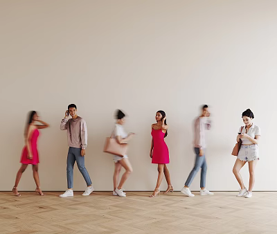 Group of People Walking Along Light Colored Wall on Wooden Floor 3d model