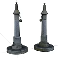 Gray Stone Pillars With Pointed Tops Circular Bases And Hanging Bells 3d model