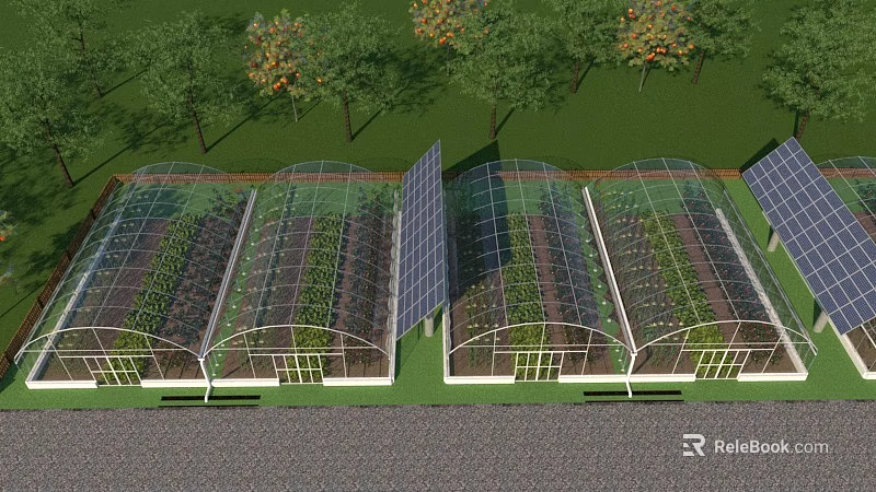Solar Powered Greenhouses With Lush Plants And Surrounding Trees In Garden 3d model 