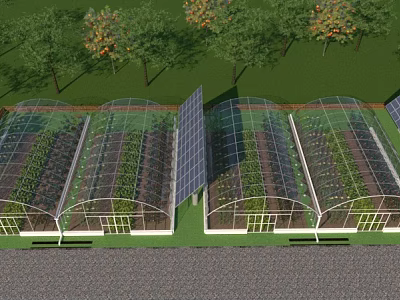 Solar Powered Greenhouses With Lush Plants And Surrounding Trees In Garden 3d model