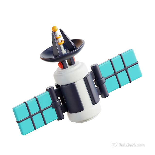Toy Satellite Model With White Body Blue Solar Panels And Top Antenna 3d model 