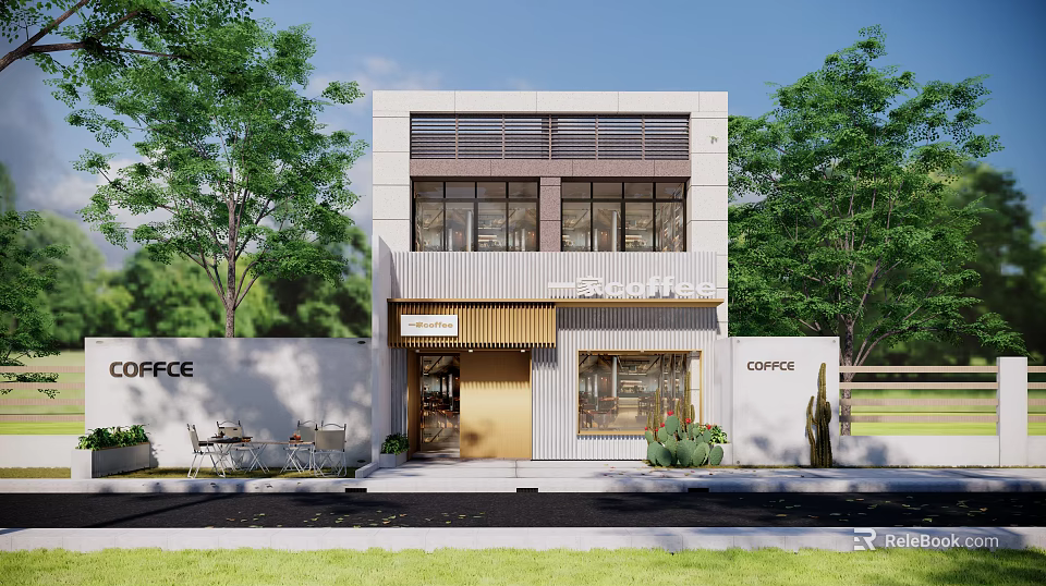 Coffee Shop Storefront Two Story Modern Building With Glass Windows Outdoor Seating And Trees 3d model 