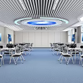 School Bright Modern Classroom With Tables Chairs Podium Screens And Ceiling Lights