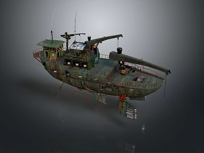Rusty Green Military Utility Boat With Crane Arm And Antennas On Deck 3d model