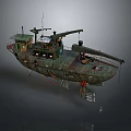 Rusty Green Military Utility Boat With Crane Arm And Antennas On Deck