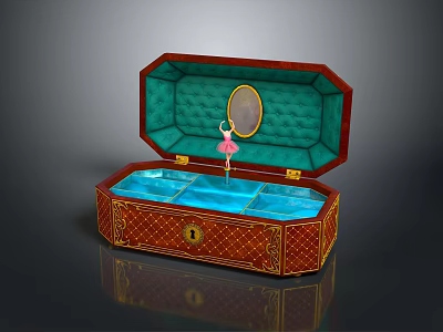 Ornate Red Wooden Jewelry Box With Green Lining And Interior Mirror Design 3d model